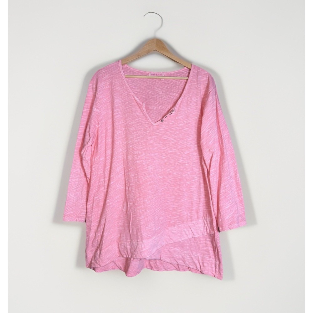 Fresh Produce Top Size XL Pink 100% Cotton V-Neck 3/4 Sleeve Asymmetrical Hem
